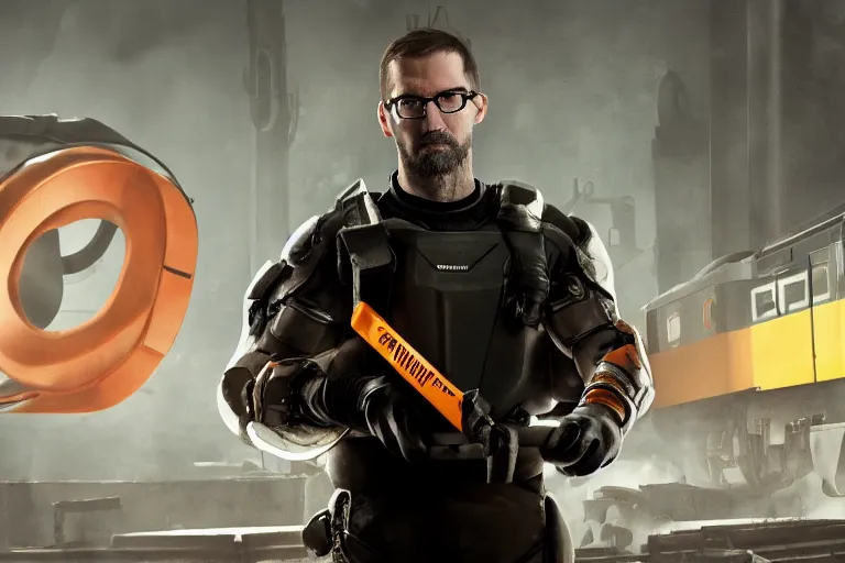 Image similar to vfx movie closeup real life gordon freeman holding wearing futuristic armor, half life logo on chest plate, crowbar in russian train yard by emmanuel lubezki