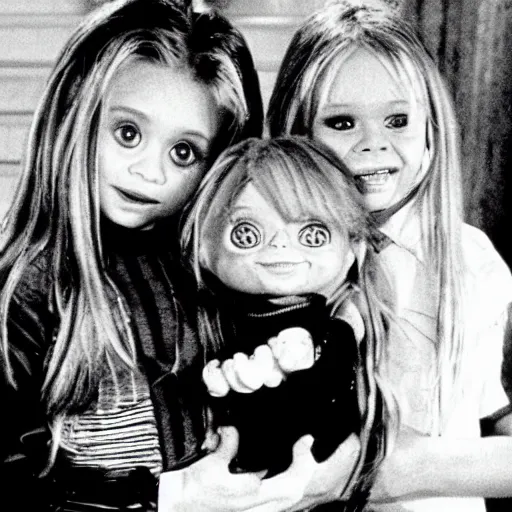 Prompt: the olsen twins from full house holding chucky the evil killer doll from the movie child's play on an episode of full house