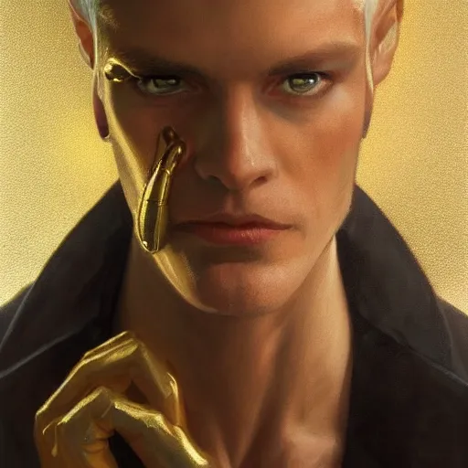 Image similar to Sandman with a gold suit, portrait, intricate, elegant, highly detailed, digital painting, artstation, concept art, smooth, sharp focus, illustration, art by artgerm and greg rutkowski and alphonse mucha