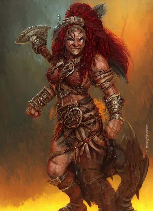 Image similar to female orc barbarian, ultra detailed fantasy, dndbeyond, bright, colourful, realistic, dnd character portrait, full body, pathfinder, pinterest, art by ralph horsley, dnd, rpg, lotr game design fanart by concept art, behance hd, artstation, deviantart, hdr render in unreal engine 5