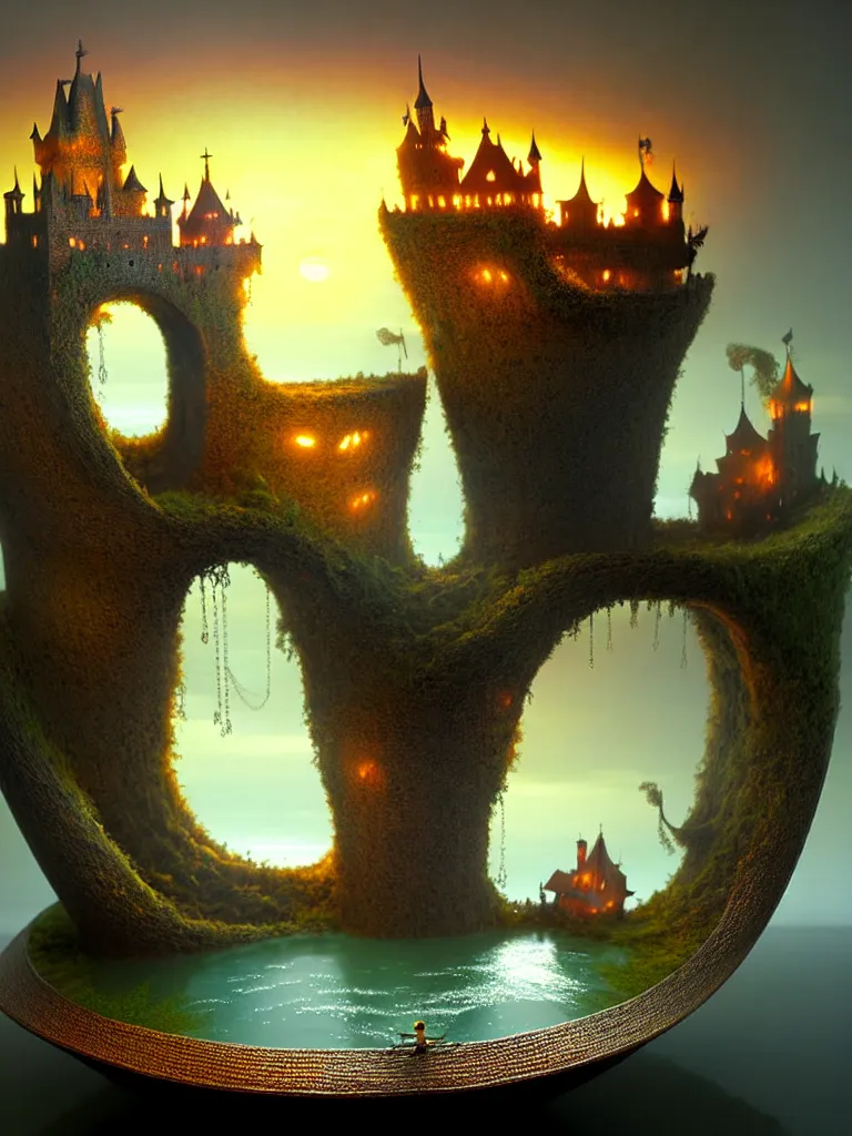 Prompt: extendable anise diorama an immense gigantic ornated iron cup with a lake inside, water in excess droping by, boats, castle, sunset, volumetric light, godrays, gediminas pranckevicius