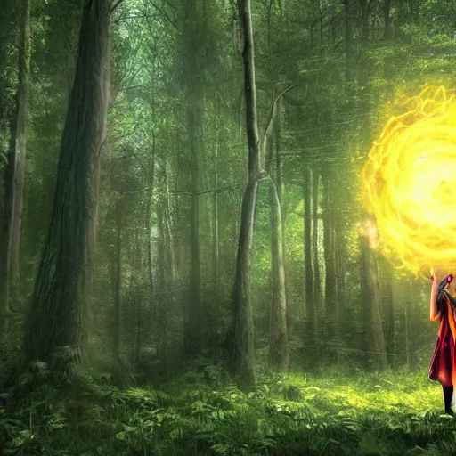 Prompt: A mage casting a spell in a forest, digital art, hyper real