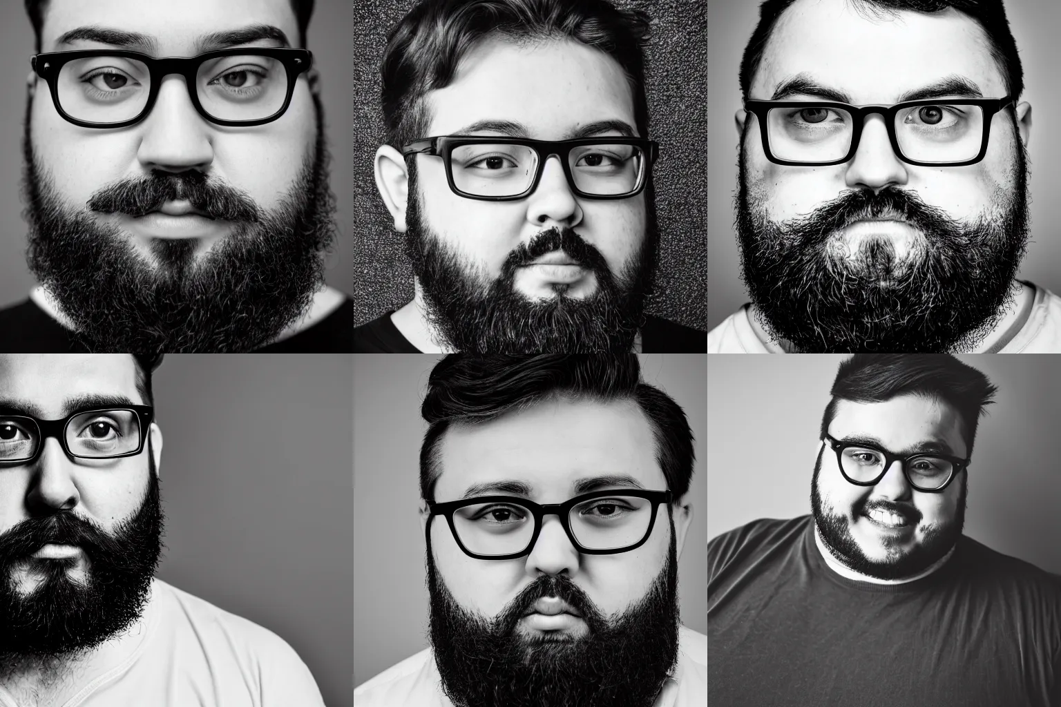 Prompt: portrait of a young chubby bearded man with glasses and characteristic hairstyle, black and white photography, 4K