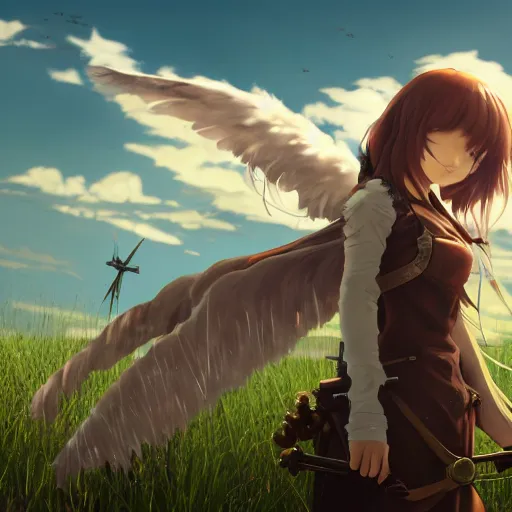 Prompt: girl with wings and steampunk weapons and swords, serious, extremely detailed, made by wlop and studio ghibli, cinematic lighting, full body portrait, illustration, grass, sunny, clouds, sky, anime, side view,