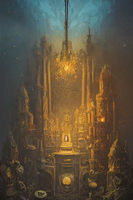 Image similar to illustration of close low angle view of an ornate obsidian gothic pipe organ with gold spidery embellishments, night, smoke, ground fog, by peter mohrbacher, by alex andreev, by jacek yerka, by vincent di fate, large depth of field, super detailed, digital art, trending on artstation, ornate