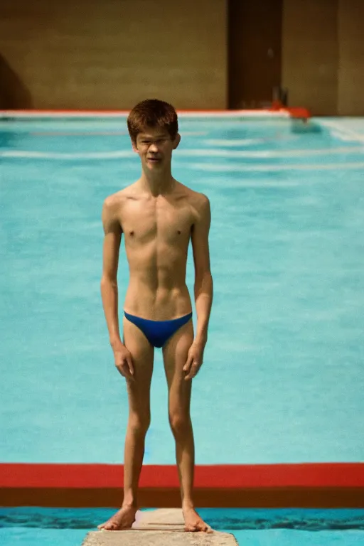 Image similar to close up still shot of jacob lofland standing on the diving board, summer olympics footage, 3 5 mm, highly detailed, color photo, cinematic lighting, symmetrical, center