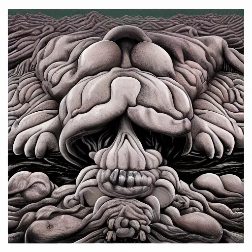 Prompt: lumpy organic matter in the style of tool album art, bodies piled and fused together, faces stretching in pain groaning, pure gluttonous mush, 8 k, ultra realistic, cinematic