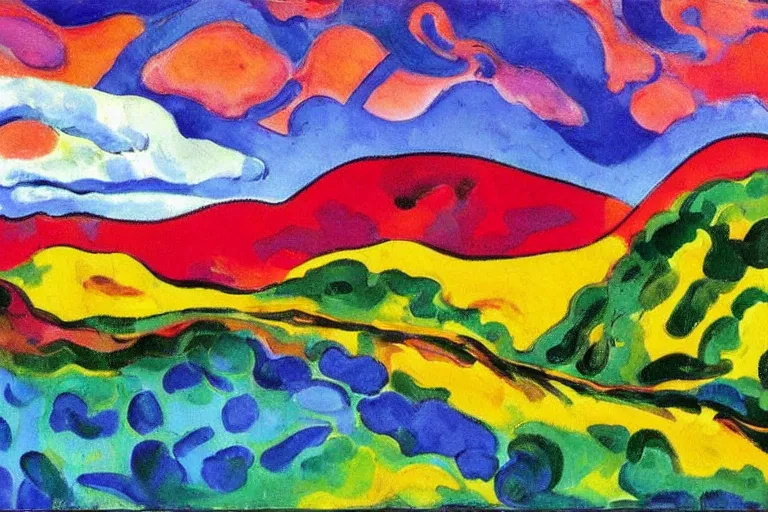 Image similar to Landscape painting. Wild energy patterns rippling in all directions. Curves, zig-zags. Organic. Mountains. Clouds. Vegetation. Rushing water. Waves. LSD. Fauvism. Emil Nolde.