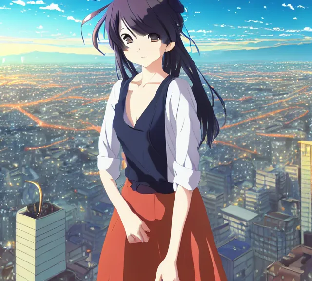 Image similar to anime visual, full body portrait of a young female sightseeing in a part above the city, beautiful face by yoh yoshinari, katsura masakazu, dramatic lighting, dynamic pose, dynamic perspective, strong silhouette, anime cels, ilya kuvshinov, cel shaded, outlined edges!!, rounded eyes, moody, detailed character