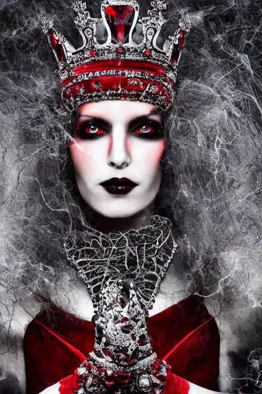 Image similar to a queen with half skull with an red crown, hints of silver jewelry, gothic, eerie, intricate detail, dramatic lighting, fire, red, 8 k