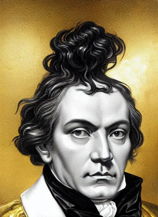 Prompt: highly detailed oil painting | very intricate | cinematic lighting | black, white and gold color scheme, dark background | ludwig van beethoven by alexander mcqueen | by roberto ferri, by gustav moreau, by singer sargent and klimt, american romanticism, occult art | by austin osman spare, artstation, cgsociety, official art, octane