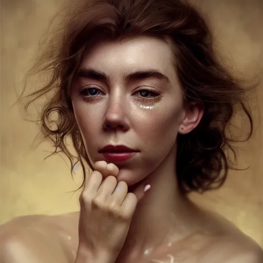 Image similar to stunning photo of vanessa kirby, dark - haired goddess with tears running down her face,, a beautiful closeup, wet lips, perfect eyes, insanely detailed, elegant, by mucha, wlop, rutkowski, livia prima