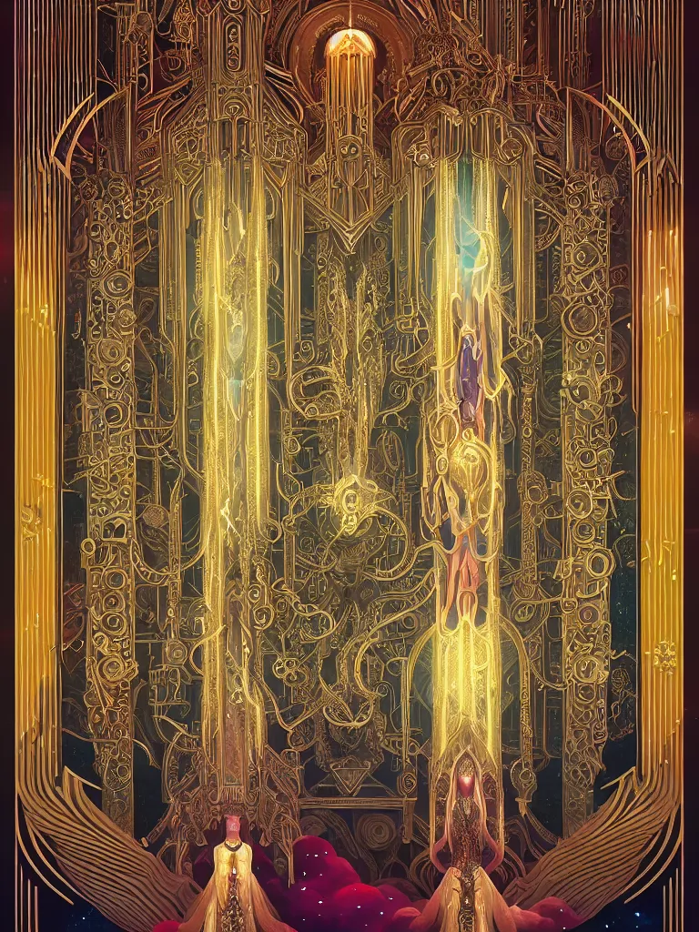 Prompt: symetrical art deco poster illustration highly detailed ornate with jewels and precious metals majestic in the entrance castle kingdom of shambala, space ships, futuristic, land of advanced races, giants, hollow earth, hiperrealistc, global illumination, radiant light, detailed and intricate environment. art by oleg oprisco, 8 k