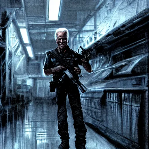 Image similar to joe biden as the terminator, dramatic lighting, cinematic, establishing shot, extremly high detail, photorealistic, cinematic lighting, artstation, style by James Gurney