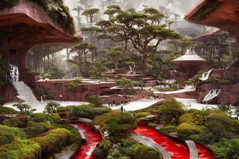 Image similar to brutalist futuristic white Aztec structures, manicured garden of eden, red pools and streams, tropical foliage, birds, sculpture gardens, Winter, by Jessica Rossier and Brian Froud