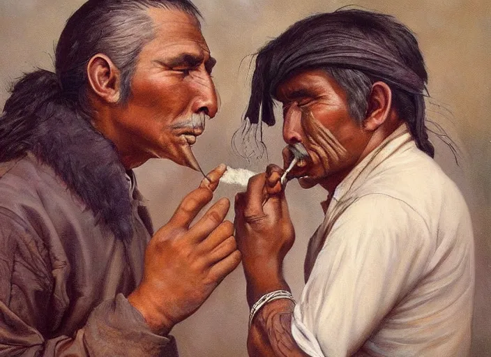 Image similar to a beautiful painting of an indigenous man blowing tobacco snuff into the nose of another man , fantasy art, matte painting, highly detailed