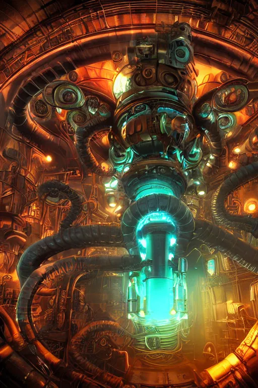 Image similar to portrait of humongous cyberpunk octopus inside a huge steampunk engine, symmetric, body full glowing vacuum tubes, realistic digital art, 3 d render of futuristic steampunk generators, 8 k, fluorescent colors, halluzinogenic, multicolored, exaggerated detailed, unreal engine