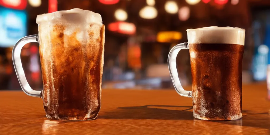 Image similar to a 3 d rendered movie still product shot an old - fashioned a & w root beer in a frosty mug. the mug sits on a wooden bar at a diner. imax, 7 0 mm dramatic lighting blade runner