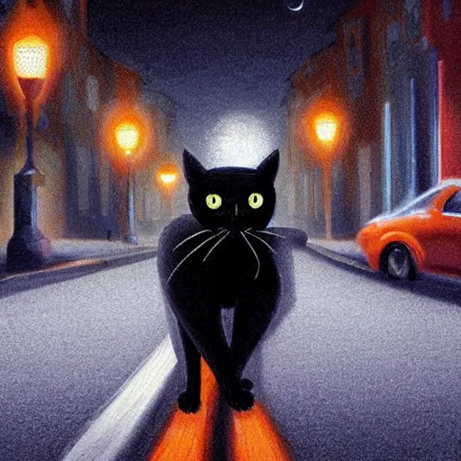 Prompt: an hyper detailed black cat with orange eyes walking through the road during the night under the light of the streetlights and looking at the moon. Realistic. High detail. Hyper realistic artwork By Diego Fazio