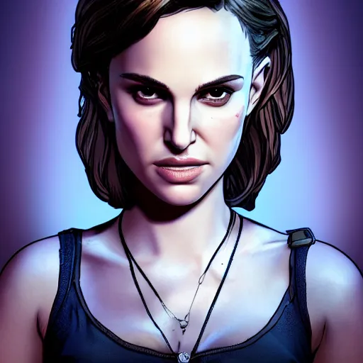 Image similar to young natalie portman portrait, borderlands, tales from the borderlands, the wolf among us, comic, cinematic lighting, studio quality, 8 k