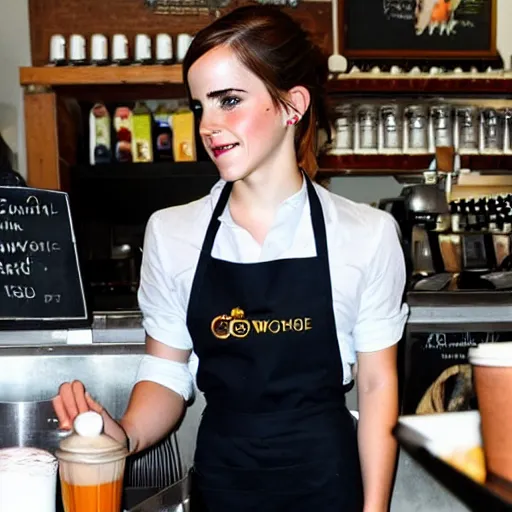 Image similar to emma watson working as a barista in a café
