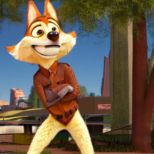 Image similar to full body, 3d render , anthropomorphic coyote male , wearing along brown leather jacket , in the style of Zootopia