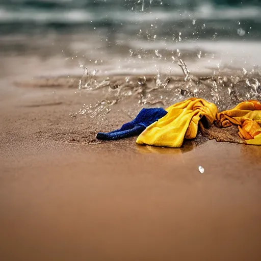 Prompt: a closeup photorealistic photograph of wet clothes drying on the beach, fantastic four theme. bright scene. fine detail. this 4 k hd image is trending on artstation, featured on behance, well - rendered, extra crisp, features intricate detail, epic composition and the style of unreal engine.