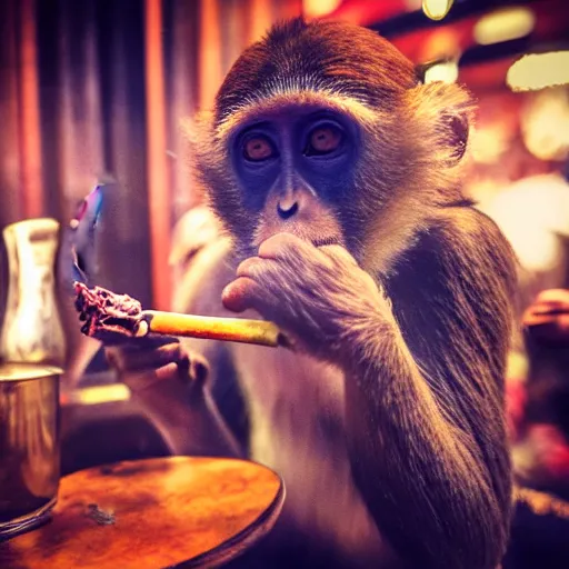 Image similar to Monkey happily smoking on a shisha pipe at a shisha bar, iPhone photo