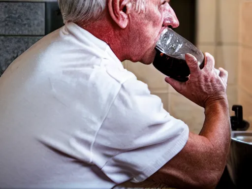 Prompt: an old man suspiciously drinking water from a toilet