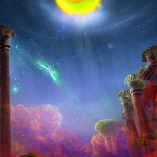 Image similar to a colossal gigantic glowing orange jellyfish hovering beneath a portal in the sky, galaxies and stars in a stylized sky, verdant landscape in the foreground, ancient ruins in the background, digital art