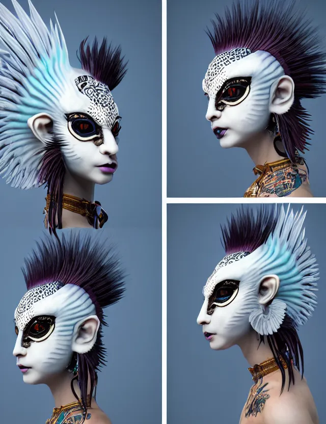 Image similar to 3 d goddess close - up profile portrait punk with mohawk with ram skull. beautiful intricately detailed japanese crow kitsune mask and clasical japanese kimono. betta fish, jellyfish phoenix, bio luminescent, plasma, ice, water, wind, creature, artwork by tooth wu and wlop and beeple and greg rutkowski