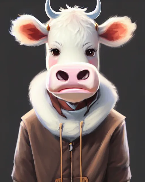 Image similar to character concept art of a cute young male anthropomorphic furry cow | | cute - fine - face, pretty face, key visual, realistic shaded perfect face, fine details by stanley artgerm lau, wlop, rossdraws, james jean, andrei riabovitchev, marc simonetti, and sakimichan, trending on artstation