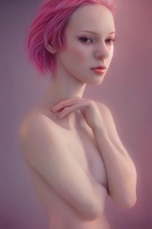 Image similar to “Portrait of a beautiful pale skin Nordic female with short pink hair, elegant, photorealistic, highly detailed, artstation, smooth, sharp focus, gold ornaments, neon lighting, sci-fi, art by Klimt.