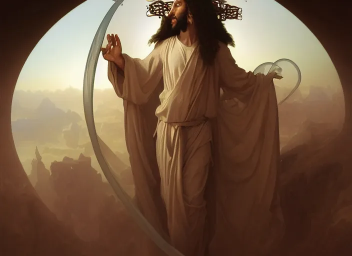 Prompt: second coming of middle eastern jesus christ, very detailed face, peter mohrbacher, michael whelan, William-Adolphe Bouguereau, Michael Cheval, kay sage, digital art, airbrush, art nouveau, intricate, clear, looming, epic, depth, artstation, highly detailed, blender, Unreal Engine, octane render, vray, 8k