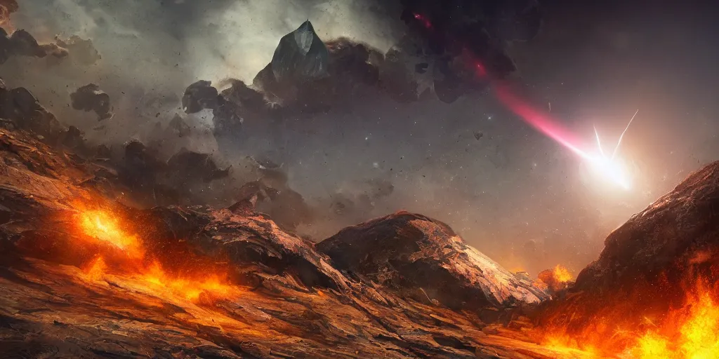 Prompt: meteorite smashing into a mountain, fantasy apocalypse, digital art, 4 k, mmo