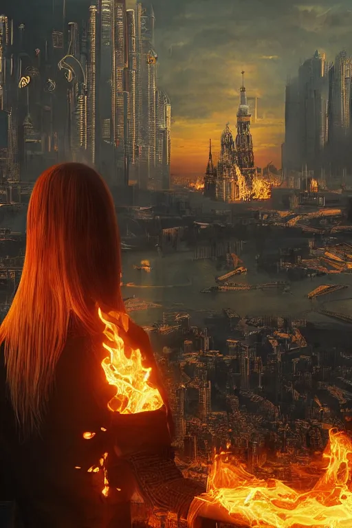 Prompt: in the foreground Saint Petersburg in cyberpunk, in the background a magnificent young blonde woman from behind playing with flames coming out of her hands wearing a long matrix-style jacket, realistic, high definition, many details, dramatic scene, symmetrical face, eyes realistic, art of enki bilal