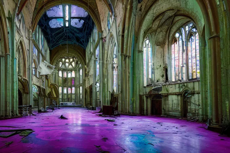 Prompt: abandoned 9 0 s cathedral interior with large organic circular windows, rain like a dream, oil painting, cinematic, dramatic, volumetric lighting, cyberpunk, basquiat + francis bacon + gustav klimt + beeple, elevated street art, fantasy lut, textural, pink, blue, purple, green,