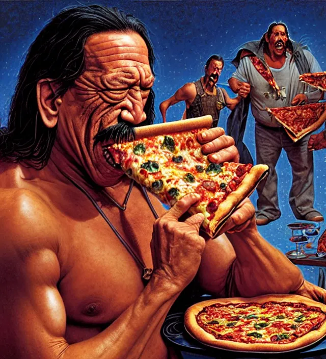 Prompt: derpy looking danny trejo eating greasy pizza, pizza is everywhere, weird, strange, bizarre, surreal, epic composition, 2 0 0 mm focal length, donato giancola, tim hildebrandt, wayne barlow, bruce pennington, larry elmore