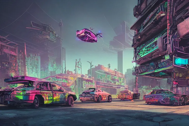 Prompt: hyperrealistic matte painting of aztec temples in a cyberpunk future environment with flying cars, mechanical features and neon, graffiti, scaffolding, smog, destruction by filip hodas, beeple, 4 k, trending on cgsociety