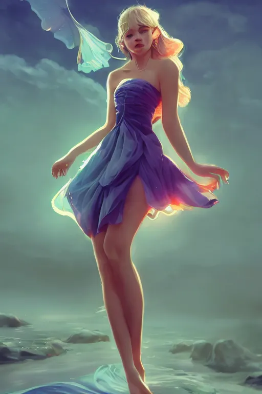 Prompt: a beautiful fashion goddness of love, chic strapless dress, tropical sea background, character design, in the style of artgerm, and wlop, cinematic lighting, hyperdetailed, 8 k realistic, symmetrical, global illumination, radiant light, frostbite 3 engine, cryengine, dof, trending on artstation, digital art