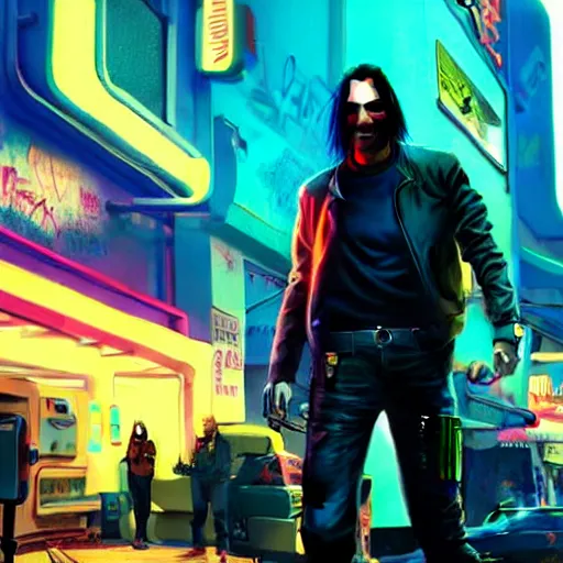 Image similar to Keanu Reeves on neon street in Cyberpunk 2077 Game, synthwave, artstation art, night, professional light