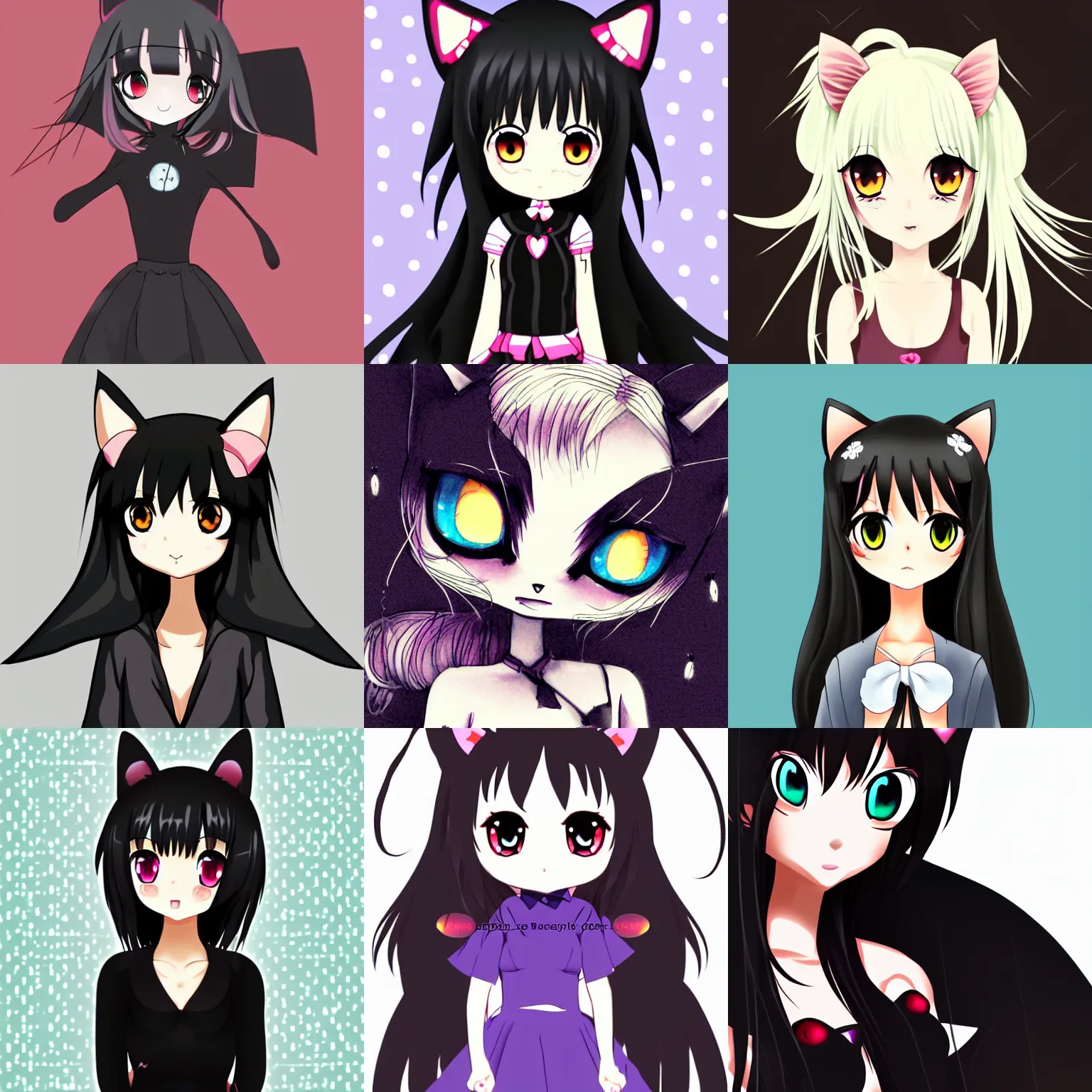 Prompt: cute, female, anime style, a salem black cat girl, beautiful lighting, large eyes, sharp focus, simple background, creative