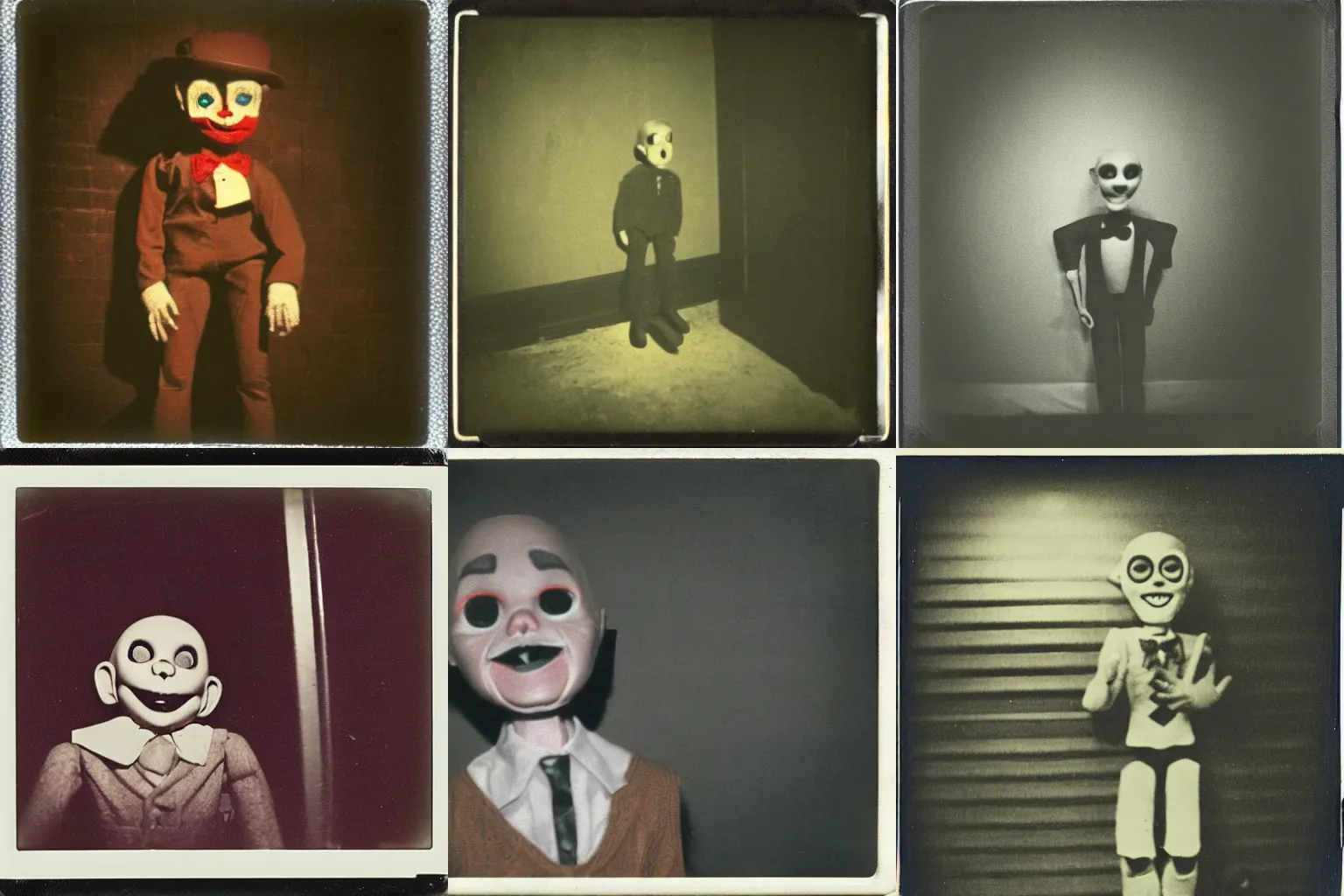 Prompt: an eerie polaroid photograph of a ventriloquist dummy inside the crawlspace, nighttime, dimly lit, creepy