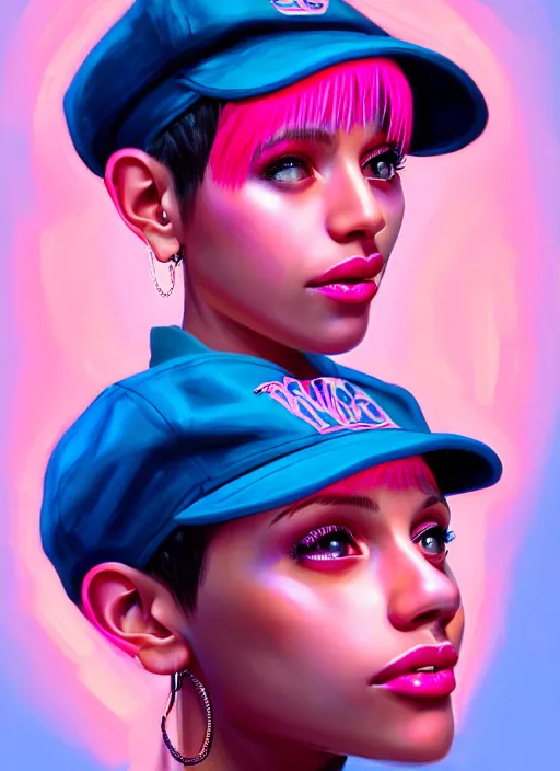 Image similar to portrait of teenage vanessa morgan with bright pink hair, black girl, curly pixie cut hair, wearing newsboy cap, pink short haircut, newsboy cap, hoop earrings, blue eyes, intricate, elegant, glowing lights, highly detailed, digital painting, artstation, concept art, smooth, sharp focus, illustration, art by wlop, mars ravelo and greg rutkowski