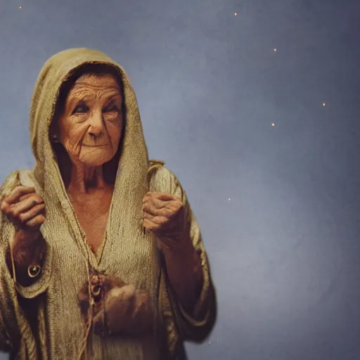 Image similar to a film still of an elderly woman wearing a hood and robe of multiple layers of drab colored torn linen, she’s wearing a necklace made of string and cable with golden rings and coins intertwined, lit by campfire, smoky, haze, film grain, cinematic moody, artstation, concept art, filmic