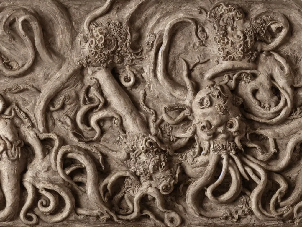 Image similar to twin embryos and octopus with machine gun bas-relief, baroque, highly detailed