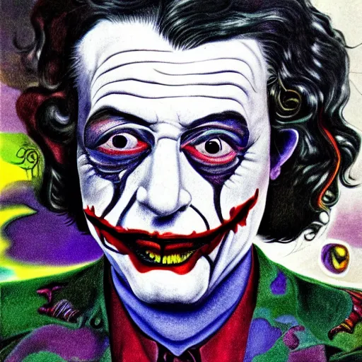 Image similar to an extremely psychedelic portrait of salvador dali as the joker, lsd, face, detailed, intricate, elegant, lithe, highly detailed, digital oth, sharp focus, illustration,