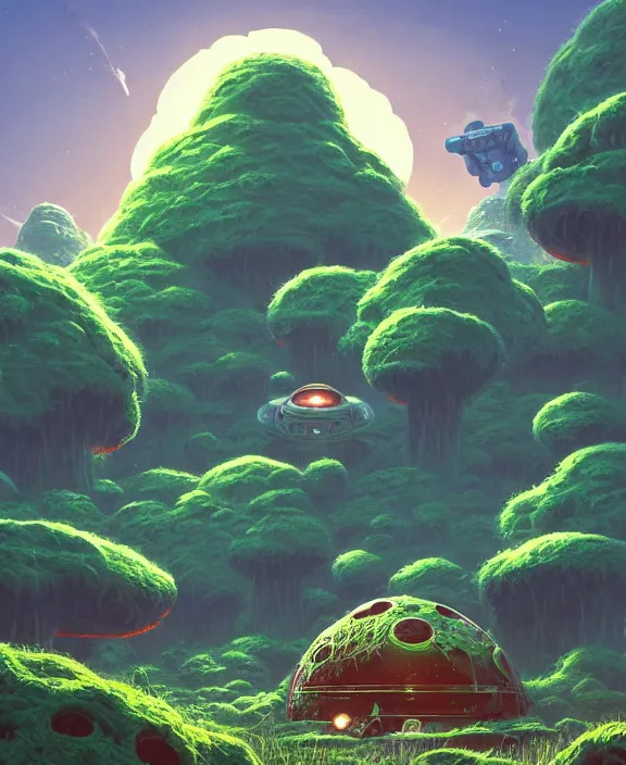 Prompt: a simple bunker made out of exotic fungus, overgrown with weird fungus and slime, spaceship, sci - fi, robots, noon, sun drenched, partly cloudy, by dan mumford, yusuke murata, makoto shinkai, ross tran, cinematic, unreal engine, cel shaded, featured on artstation, pixiv