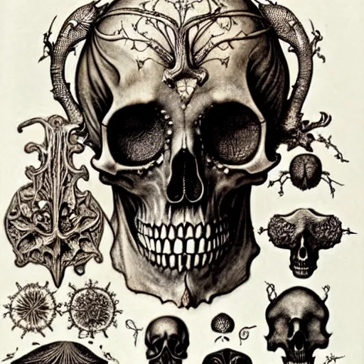 Image similar to memento mori by arthur rackham, art forms of nature by ernst haeckel, exquisitely detailed, art nouveau, gothic, ornately carved beautiful skull dominant, intricately carved antique bone, art nouveau botanicals, ornamental bone carvings, art forms of nature by ernst haeckel, horizontal symmetry, arthur rackham, ernst haeckel, symbolist, visionary