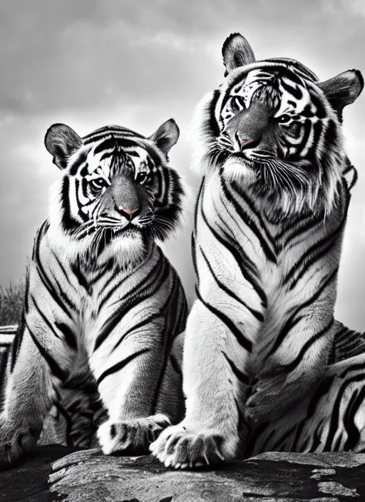 Image similar to two tigers black and white portrait white sky in background